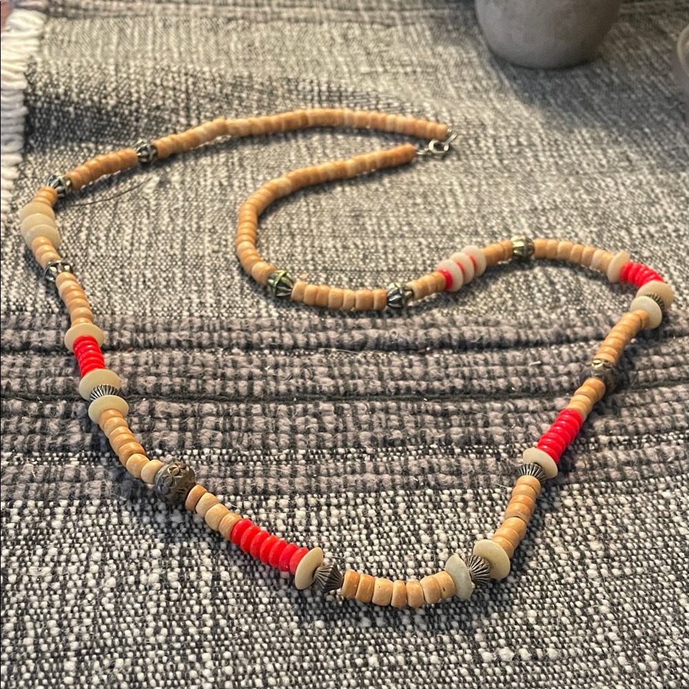 Beaded Necklace with Red and Tan Accents